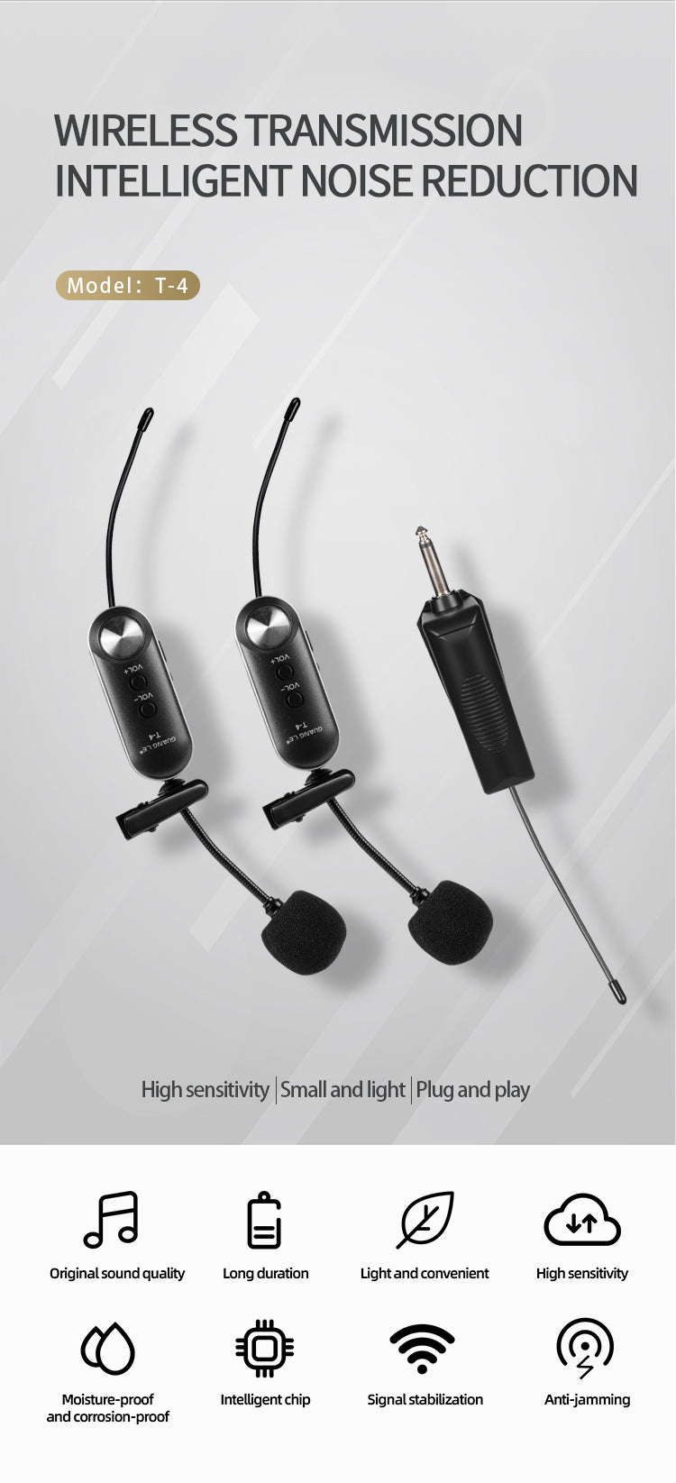 T-4 Clip-On Wireless Multi-Function Noise-Cancelling Microphone